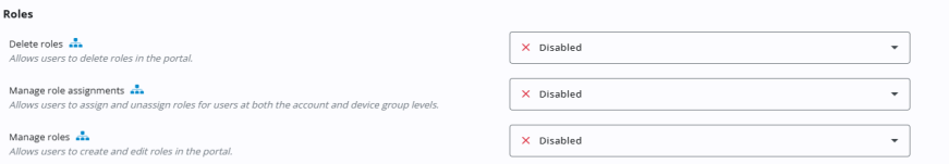 Roles permissions. It includes three permissions: Delete roles, Manage role assignments and Manage roles. Each permission has a brief description and is marked with a blue account-level icon. All are currently set to Disabled, indicated by red "X" icons and drop-down menus.